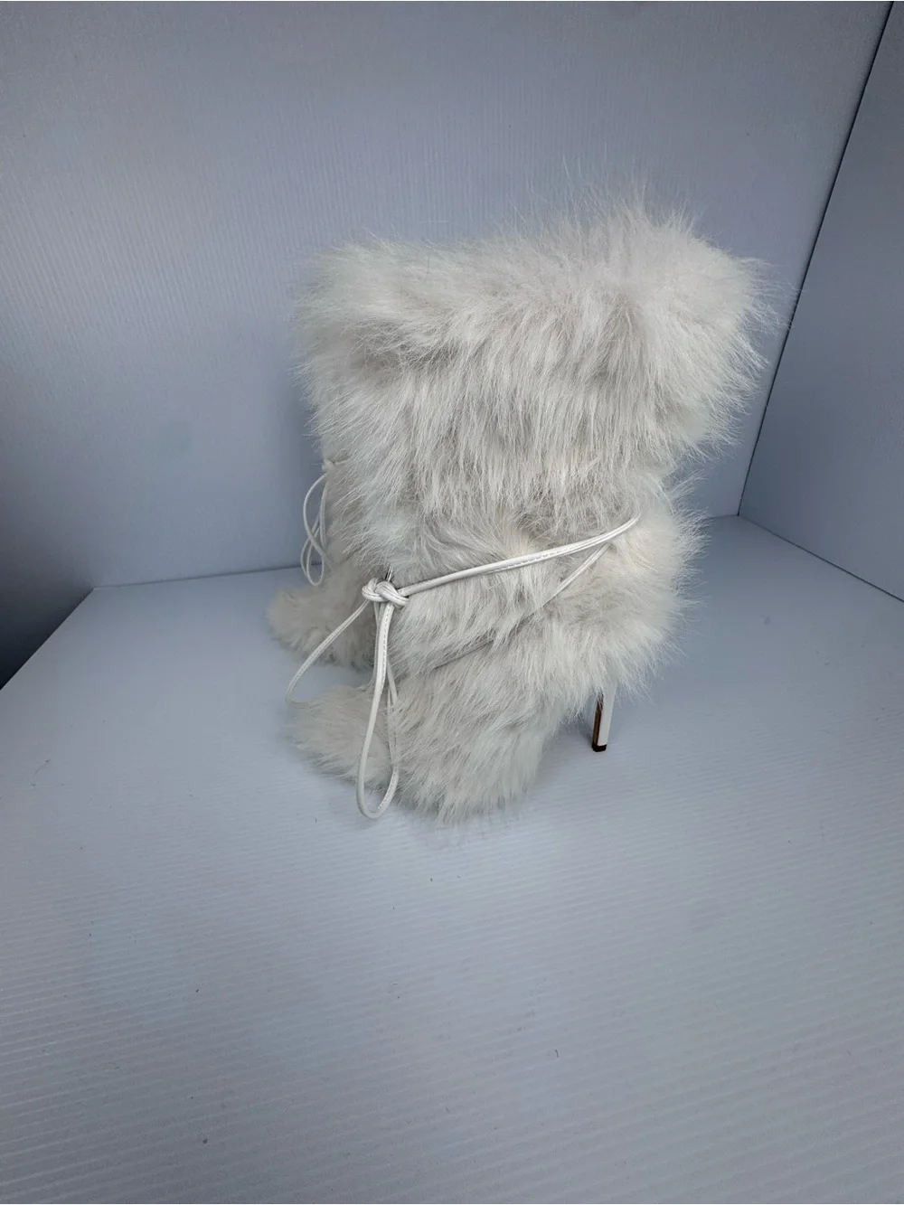 Azalea Wang Ivory Faux Fur Boots Sz. 6 Stiletto Heel Lace-Up Statement Boots NIB
